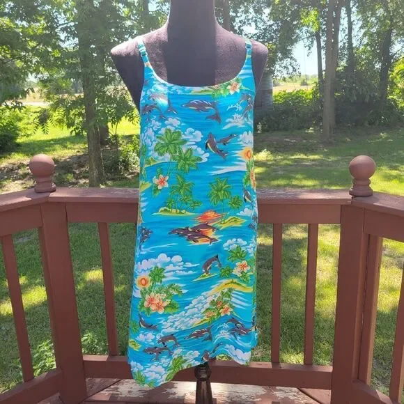 ALOHA Women's Blue Hawaiian Print Sleeveless Summer Mini Dress Size Medium - Picture 1 of 12